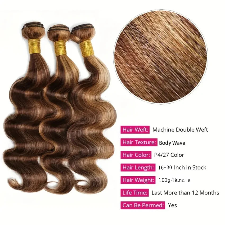 P4/27 Highlight Human Hair Bundles Body Wave Ombre Blonde Human Hair Bundles Extensions Wavy Brazilian Human Hair Bundles Weave