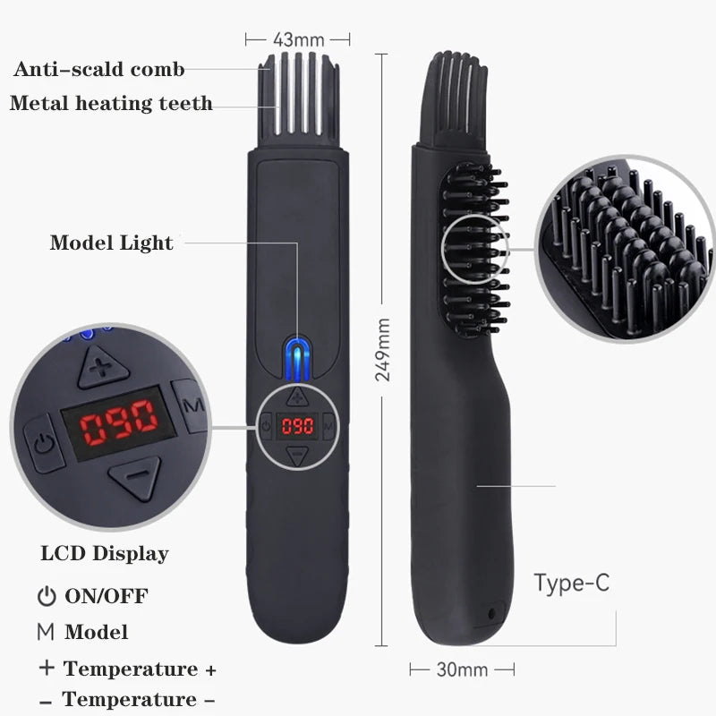 Wireless Beard Straightener Comb for Men Hair Hot Comb Quick Electric Heated Beard Brush Styler Portable Comb Straightener