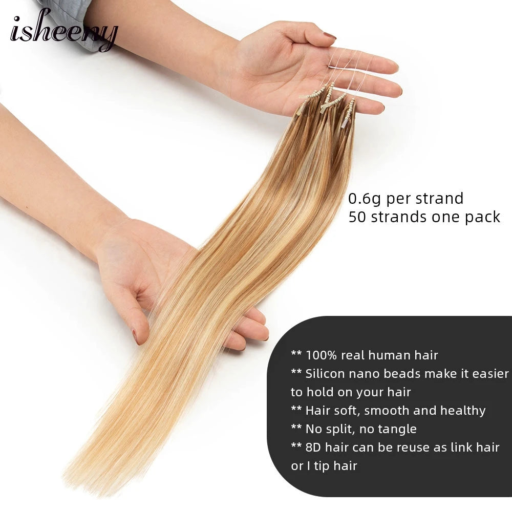 Isheeny 8D Human Hair Extensions Blonde 12" 16" 20" Nano Ring Link Extensions 0.6g/s Machine Remy Human Microlink Beads Hair