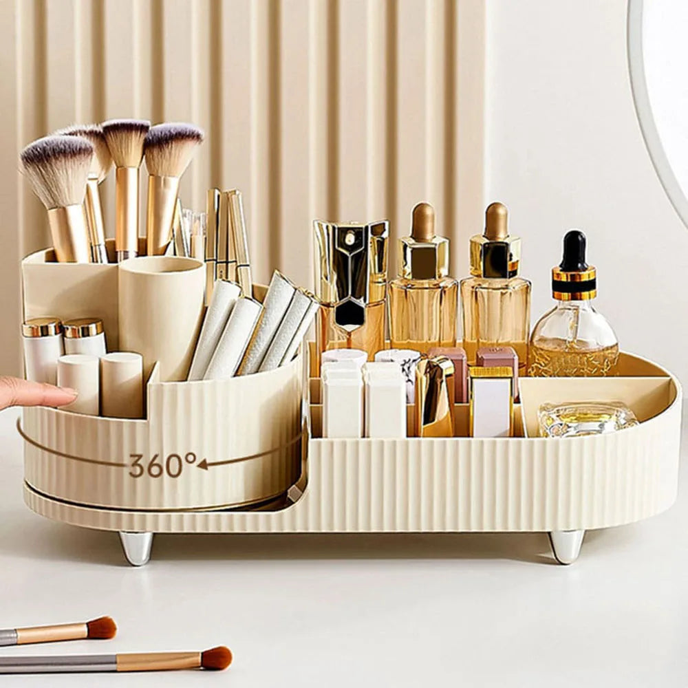 Elevate your beauty routine with this sleek Makeup Organizer. Its Rotating Base and Divided Compartments make it a breeze to store and access your Lipsticks and Skincare Products.