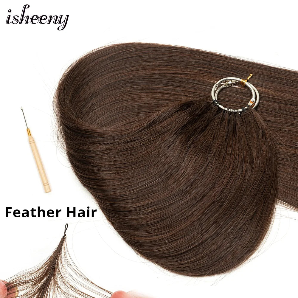 Isheeny Brown Feather Human Hair 16"-24" Hand Knitting Extensions Natural Straight Remy Micro Feather Line Hair 40pcs/pack