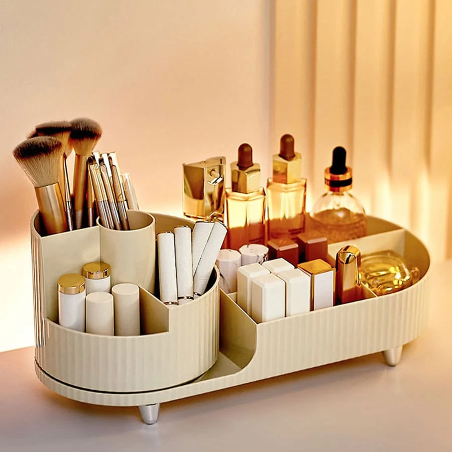 Elevate your beauty routine with this sleek Makeup Organizer. Its Rotating Base and Divided Compartments make it a breeze to store and access your Lipsticks and Skincare Products.