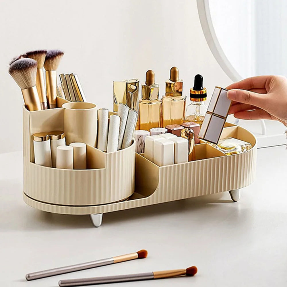 Elevate your beauty routine with this sleek Makeup Organizer. Its Rotating Base and Divided Compartments make it a breeze to store and access your Lipsticks and Skincare Products.