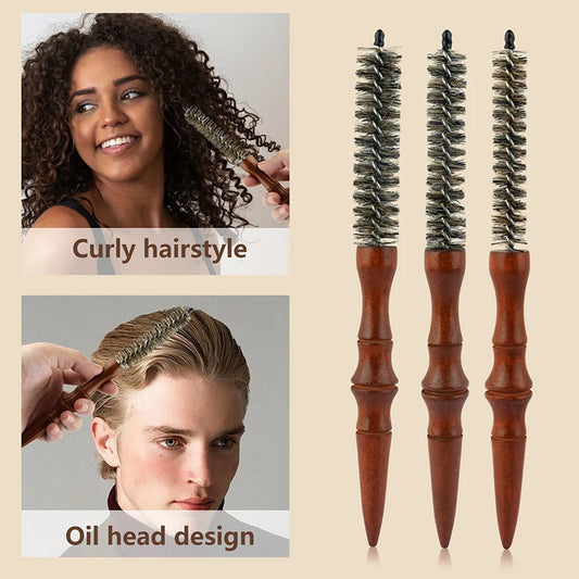 Wood Handle Round Rolling Brush Straight Twill Hair Comb Heat-Resistant Round Barrel Hair Curling Brush Barber Hairdressing Tool