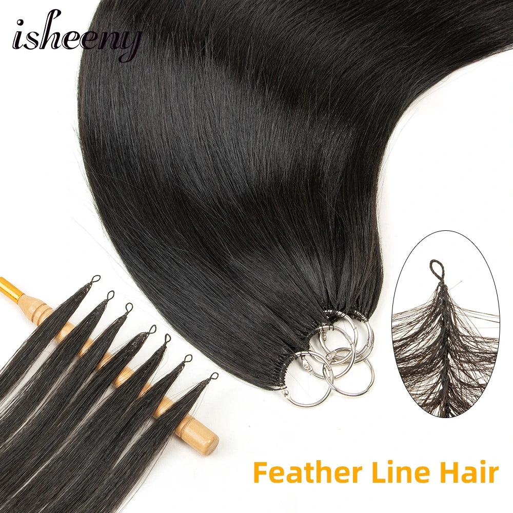 Isheeny Brown Feather Human Hair 16"-24" Hand Knitting Extensions Natural Straight Remy Micro Feather Line Hair 40pcs/pack