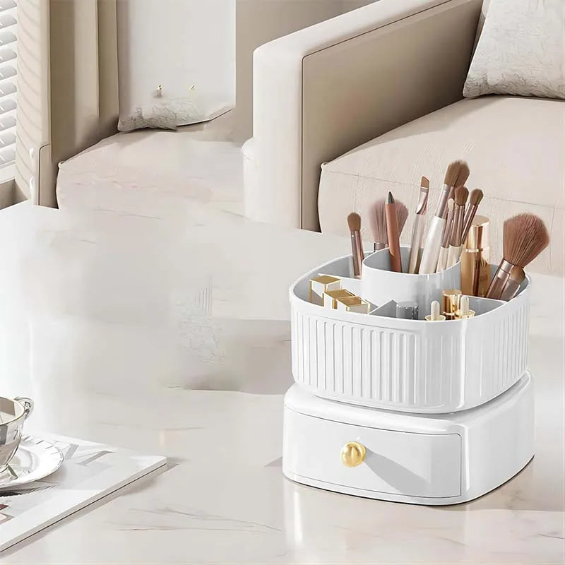 Makeup Brush Box With Drawer 360° Rotating Makeup Organizer Holder Skincare Cotton Pads Lipstick Storage Case for Vanity Table