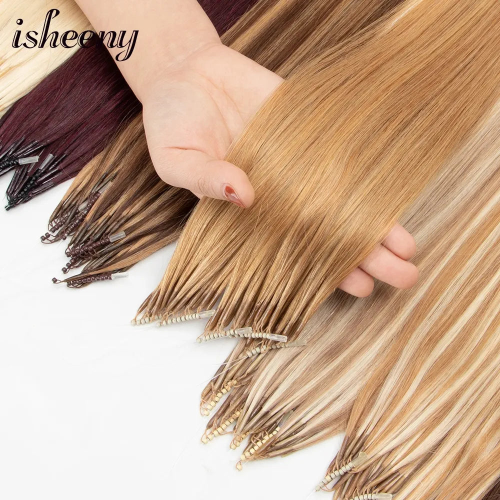 Isheeny 8D Human Hair Extensions Blonde 12" 16" 20" Nano Ring Link Extensions 0.6g/s Machine Remy Human Microlink Beads Hair