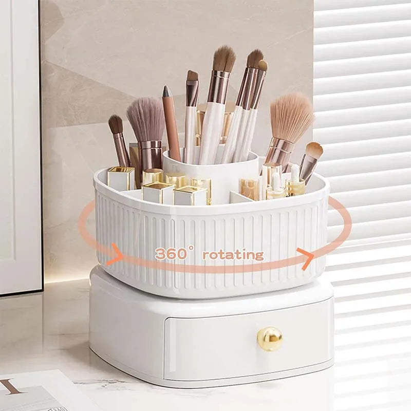 Makeup Brush Box With Drawer 360° Rotating Makeup Organizer Holder Skincare Cotton Pads Lipstick Storage Case for Vanity Table