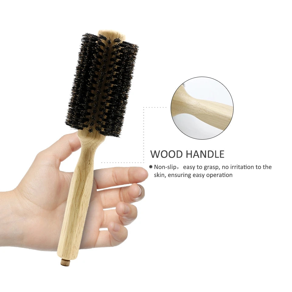 Barber Salon Wood Handle Boar Bristles Round Brush Removable Tail Professional Hairdressing Hair Brush Hair Round Comb 4