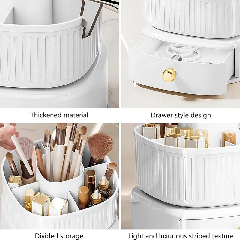 Makeup Brush Box With Drawer 360° Rotating Makeup Organizer Holder Skincare Cotton Pads Lipstick Storage Case for Vanity Table