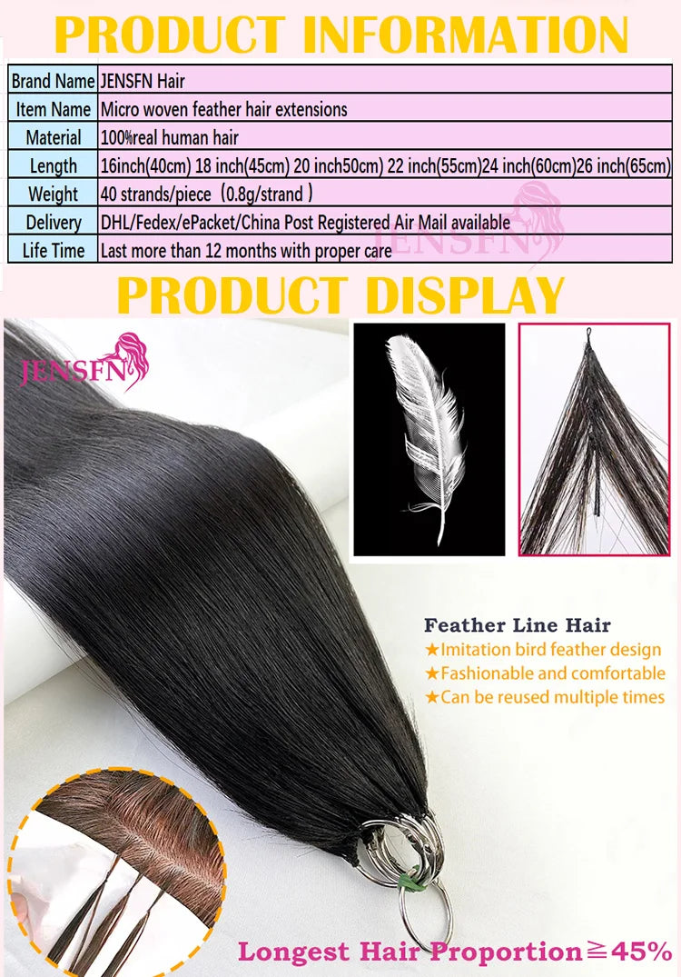 JENSFN High Quality Straight Micro feather new hair extensions real Human Hair Straight Hand knitting  0.8g/Strand Hair salon