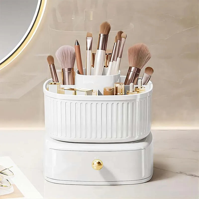 Makeup Brush Box With Drawer 360° Rotating Makeup Organizer Holder Skincare Cotton Pads Lipstick Storage Case for Vanity Table