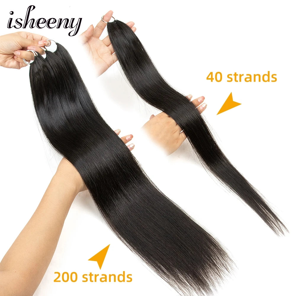 Isheeny Brown Feather Human Hair 16"-24" Hand Knitting Extensions Natural Straight Remy Micro Feather Line Hair 40pcs/pack