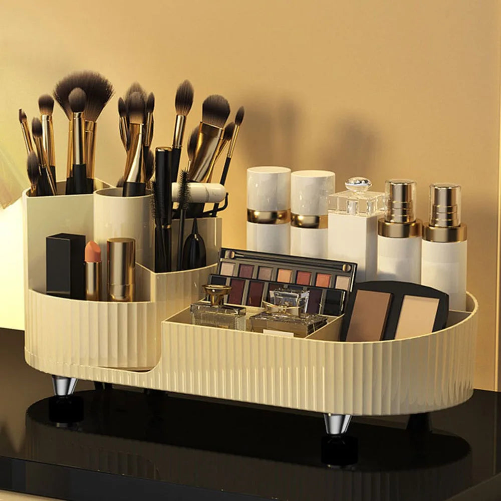 Elevate your beauty routine with this sleek Makeup Organizer. Its Rotating Base and Divided Compartments make it a breeze to store and access your Lipsticks and Skincare Products.