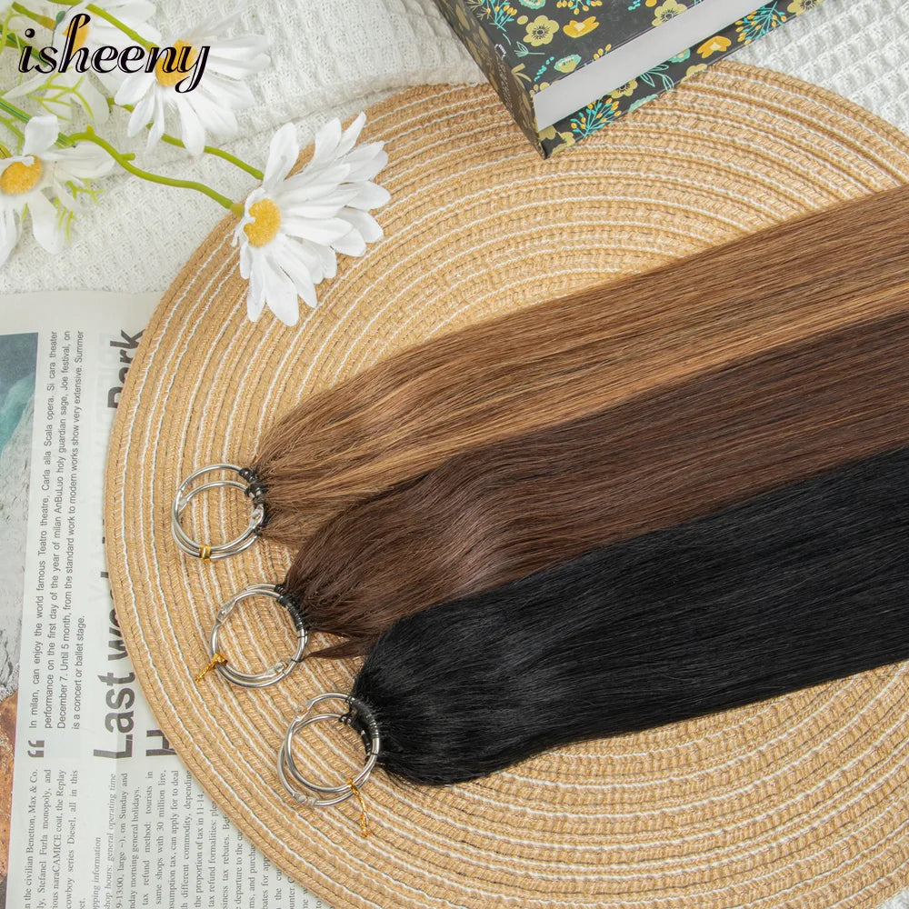 Isheeny Brown Feather Human Hair 16"-24" Hand Knitting Extensions Natural Straight Remy Micro Feather Line Hair 40pcs/pack