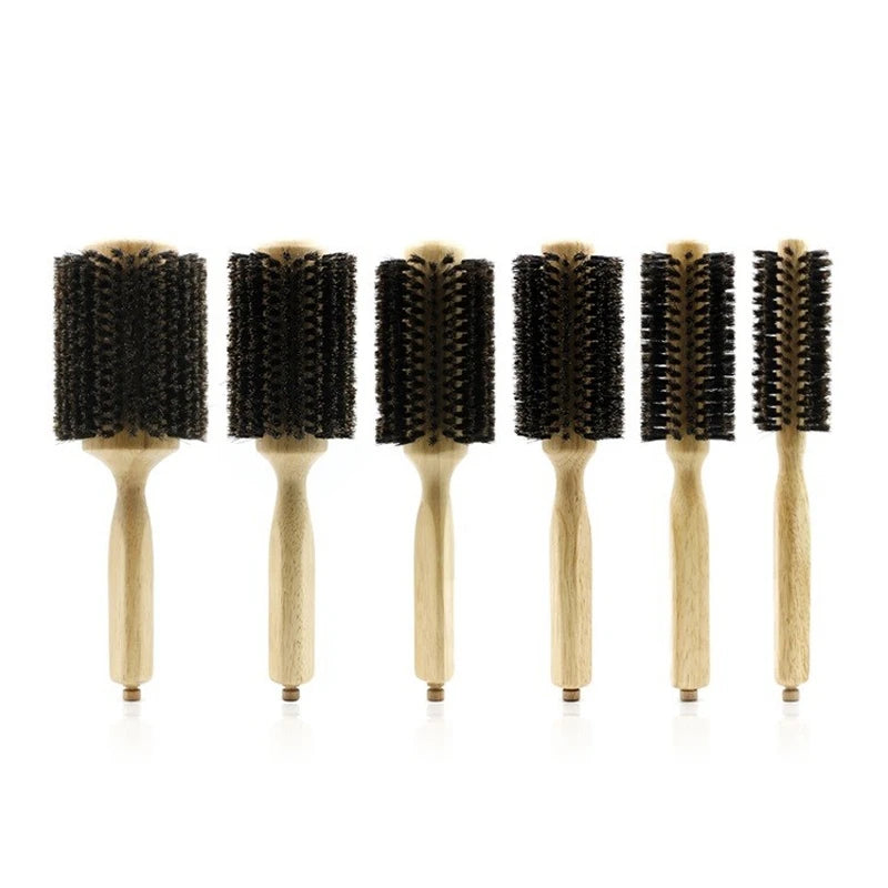 Barber Salon Wood Handle Boar Bristles Round Brush Removable Tail Professional Hairdressing Hair Brush Hair Round Comb 4