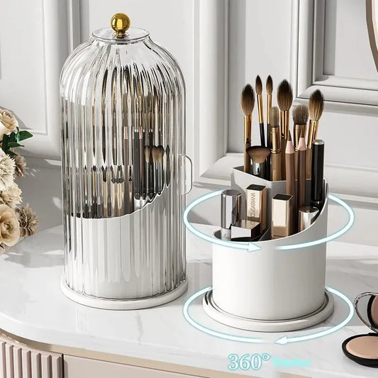 Innovative 360° Rotating Makeup Brush Holder that doubles as a Desktop Organizer, featuring compartments for your Lipsticks, Eyebrow Pencils, and Jewelry.