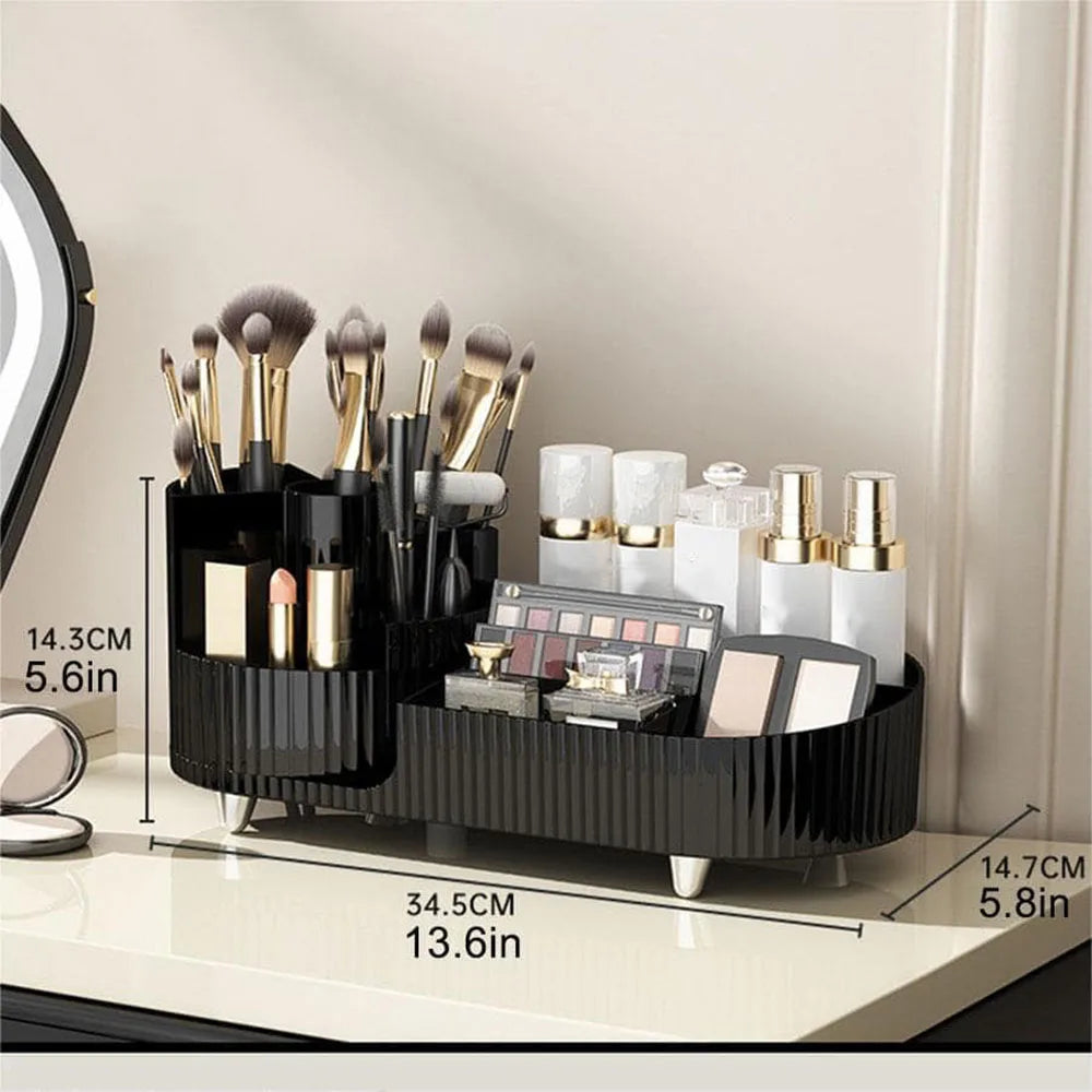 Elevate your beauty routine with this sleek Makeup Organizer. Its Rotating Base and Divided Compartments make it a breeze to store and access your Lipsticks and Skincare Products.