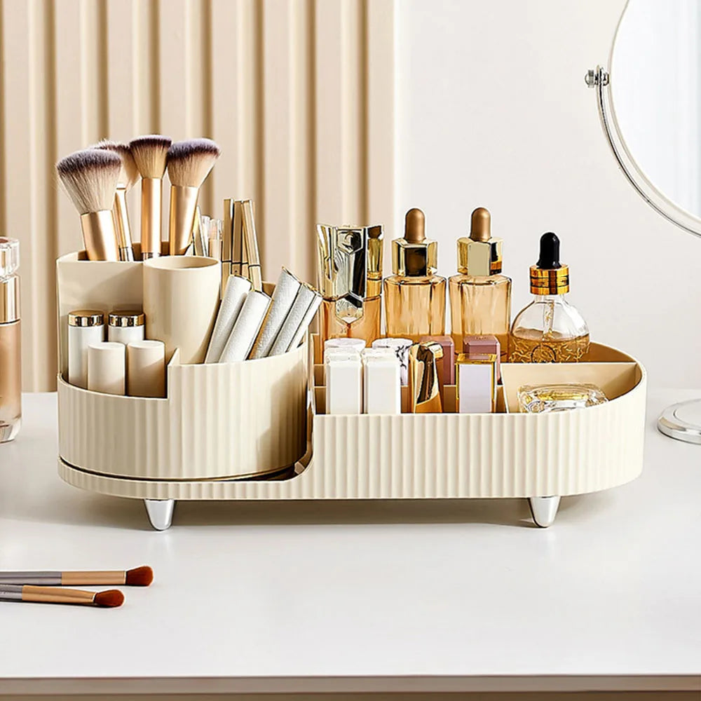 Elevate your beauty routine with this sleek Makeup Organizer. Its Rotating Base and Divided Compartments make it a breeze to store and access your Lipsticks and Skincare Products.