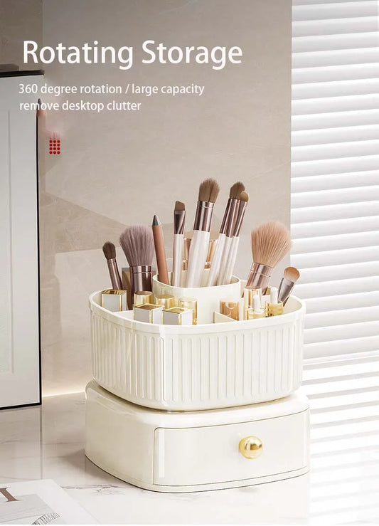 Makeup Brush Box With Drawer 360° Rotating Makeup Organizer Holder Skincare Cotton Pads Lipstick Storage Case for Vanity Table