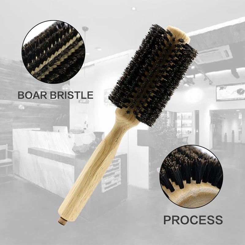 Barber Salon Wood Handle Boar Bristles Round Brush Removable Tail Professional Hairdressing Hair Brush Hair Round Comb 4